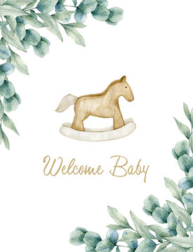 Watercolor illustration card welcome baby with eucalyptus frame and horse. Isolated on white background. Hand drawn clipart. Perfect for card, postcard, tags, invitation, printing, wrapping.