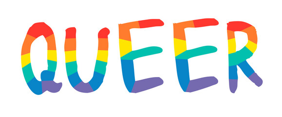 Vector Doodle Illustration Rainbow Word. Cartoon Pride Colorful Drawing Text. Hand Drawn LGBTQ Flag Support Ribbon