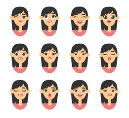 Emotional women emoji. Cartoon style illustration female emoticon. Isolated Hand drawn vector facial expression. Gestures Collection Expressing Different Emotion