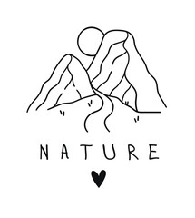 Hand drawn Mountain Logo set. Ski Resort vector icon, doodle element. Great Outdoor symbol isolated, travel label