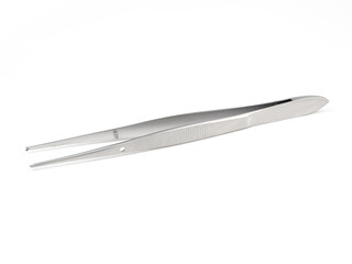 straight steel surgical tweezers with fang on a white background