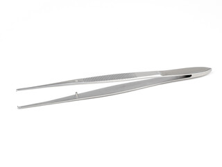 straight steel surgical tweezers with fang on a white background