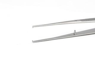 straight steel surgical tweezers with fang on a white background