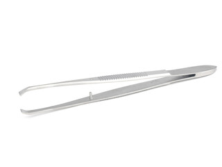 straight steel surgical tweezers with legs on a white background