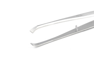 straight steel surgical tweezers with legs on a white background