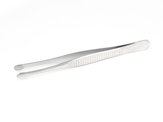 straight steel surgical tweezers with legs on a white background