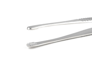 straight steel surgical tweezers with legs on a white background