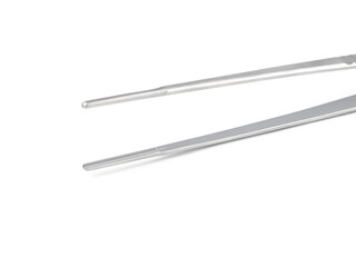 straight steel surgical tweezers with teeth on a white background