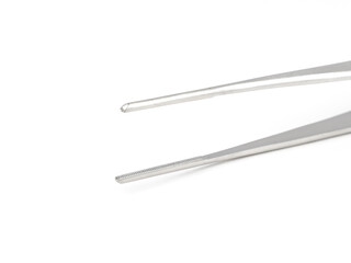 straight steel surgical tweezers with teeth on a white background