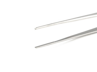 straight steel surgical tweezers with teeth on a white background
