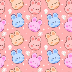 Rabbit with cute bunny seamless pattern, kawaii rabbit animals background, easter vector illustration