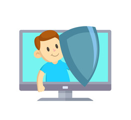A boy with a shield in a computer monitor. Vector illustration isolated on white. Concept on the topic of child safety on the Internet or parental control function.