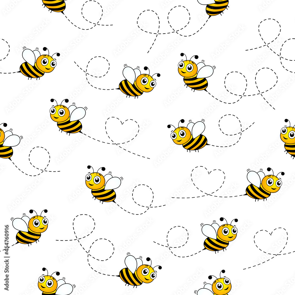 Sticker seamless cute bee pattern. honey bees flying on a dotted route. happy bumblebee insect vector illust