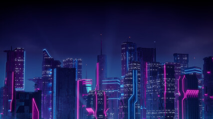 Cyberpunk City Skyline with Blue and Pink Neon lights. Night scene with Visionary Skyscrapers.