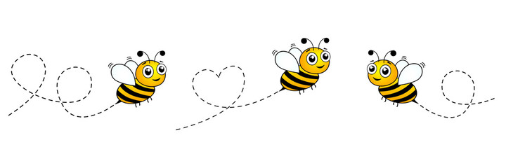 Cute bee icon set. Bees flying on a dotted route collection. Isolated on white background. Cartoon vector illustration.