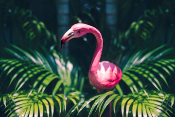 Obraz premium Vibrant pink flamingos sculptures and foliage for garden decoration