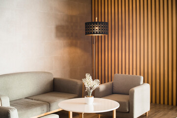 Fabric sofa or Armchairs and coffee table in classic black interior.