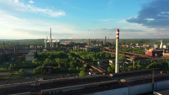 Drone aerial factory metal steel video shot smoke chimneys black processing hot, smog city Ostrava, dust air dron refinery calamity situation quick streaming emissions health smoking pollution ecology