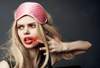 pretty woman smeared lipstick night life alcohol bottle close-up