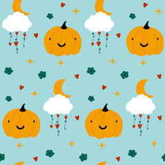 Vector seamless pattern for Halloween cute. Pumpkin, cloud, flower and moon on Halloween theme. On blue background