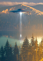 ufo flying over a lake in mountains with an abducted glowing alien near a forest of fir - concept art - 3D rendering