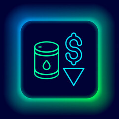 Glowing neon line Drop in crude oil price icon isolated on black background. Oil industry crisis concept. Colorful outline concept. Vector