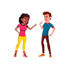 Boyfriend And Girlfriend Couple Conflict Vector. Aggressive Conflict Of Friends Boy And Girls Teenagers, Angry Quarrelling And Discussing. Characters Shouting Flat Cartoon Illustration