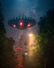 two ufo flying over trees on a summer night at lamplighter light with shiny stars - concept art - 3D rendering © danielegay
