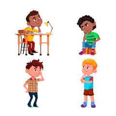 Thinking School Boys About Problem Set Vector. Schoolboys Sitting On Chair At Table And Standing Thinking For Solve Task. Thoughtful Characters Guys Children Flat Cartoon Illustrations