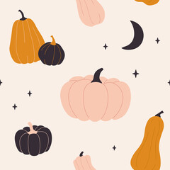 Cute seamless pattern with pumpkins in pastel colors. Vector background for Halloween. Hand drawn template for wrapping paper, textile, etc.