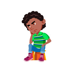 School Boy Sitting On Chair And Thinking Vector. Sad African Schoolboy Kid Sit On Seat And Thinking About Problem Or Remember Where Lost Toy. Thoughtful Character Flat Cartoon Illustration