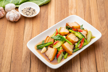 Stir-fried kale vegetable with crispy pork