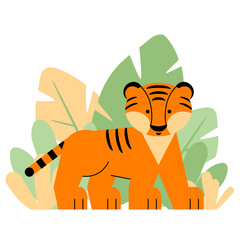 A tiger is walking through the forest. Vector on an isolated background. Flat style. The concept of the character. The symbol of the year. Cartoon tiger cub in nature. Drawing for printing.