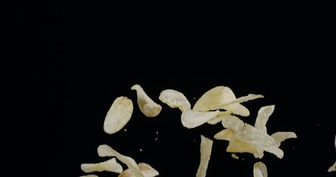 Potato, potato chips, food, snack, chip, calories, crunchy, black background, slow motion, 300fps, isolated, flying, fall, falling, rise, chaotic, motion, slow, slice, salt, spicy, vegetable, nutritio