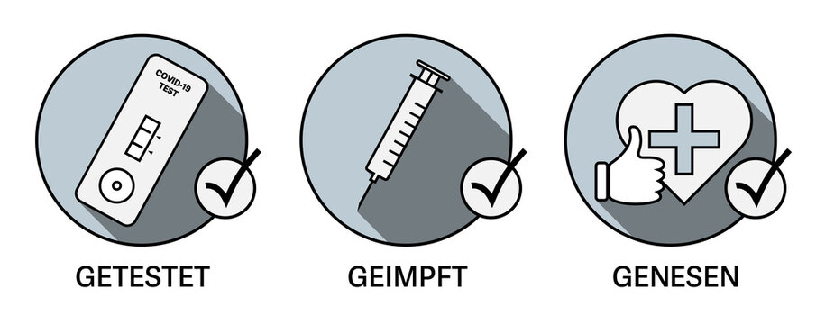 3G Covid-19 rules in Germany, admittance for people tested (Getestet), vaccinated (Geimpft) and that have recovered (Genesen), vector illustration sign