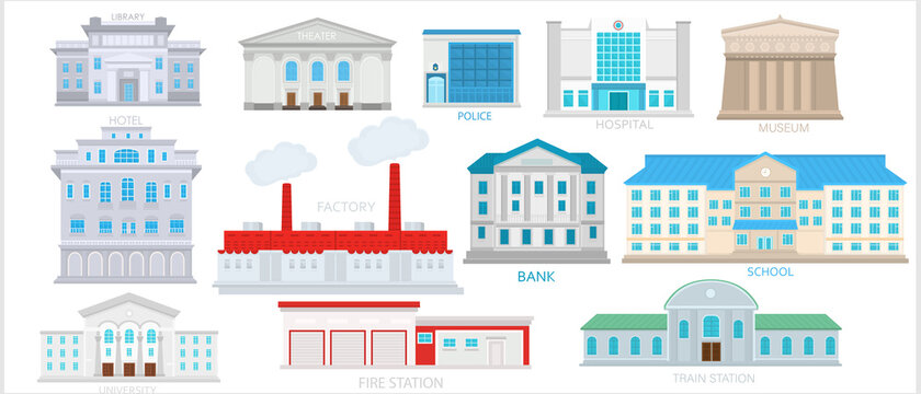 Set of city buildings on a white background.Icons of the museum, school, factory, theater and other buildings.