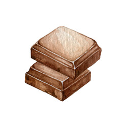 Dark chocolate slice. Watercolor illustration. Hand drawn realistic chocolate broken block element. Bitter chocolates stack. Yummy candy piece on white background. Sweet cocoa product