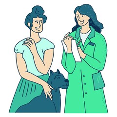 Woman with dog getting professional veterinarian advice, flat cartoon vector illustration isolated on white background. Woman with pet visiting veterinarian doctor.