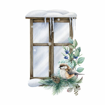 Winter arrangement with bird. Watercolor illustration. Hand drawn festive floral arrangement on winter window background. Greeting Christmas vintage craft card with eucalyptus, pine and tit bird