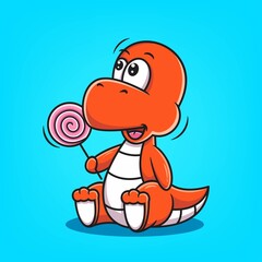 Naklejka premium cute red dino cartoon hold lollipop vector illustration