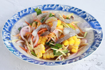 Shrimp corn and vegetable spicy salad, favorite healthy food in Thailand, Thai call Yum good food for diet