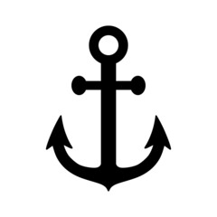Anchor icon. Silhouette sea anchor. Black symbol boat or ship isolated on white background. Marine logo. Simple nautical design for prints. Maritime graphic element. Anchor sign. Vector illustration