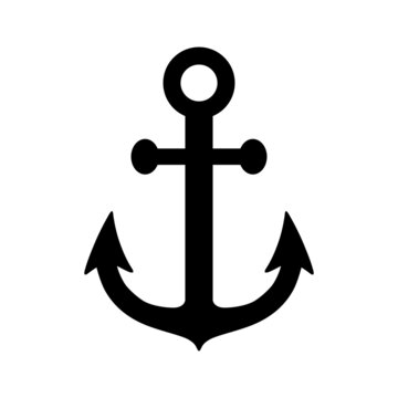 Anchor icon. Silhouette sea anchor. Black symbol boat or ship isolated on white background. Marine logo. Simple nautical design for prints. Maritime graphic element. Anchor sign. Vector illustration