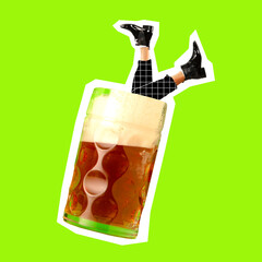Modern design, contemporary art collage. Inspiration, idea, trendy urban magazine style. Male feet drowning in liter glass of beer on bright neon green background