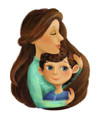 Young mother hugs her son. Tender feelings of motherly love. Mothers day illustration.