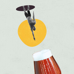 Contemporary art collage, modern design. Swimmer jumping from black hole into glass with foamed cold dark beer isolated on pastel background