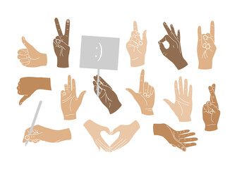Big set with diverse simple hand gestures in flat style