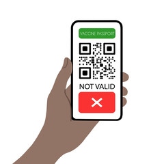 Hand holding smartphone with not valid covid passport qr code, isolated on white background vector illustration