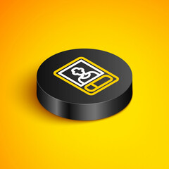 Isometric line Football or soccer card icon isolated on yellow background. Collection of football trading cards. Black circle button. Vector