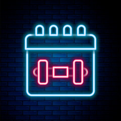 Glowing neon line Calendar fitness icon isolated on brick wall background. Training schedule. Colorful outline concept. Vector